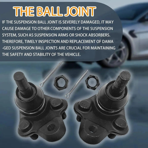 Front view: two front lower ball joints with cotter pins and castle nuts for automotive suspension.