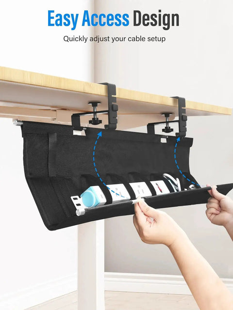 Upgraded No Drill Under Desk Cable Management Tray With Fabric Cord Hider 28.4 Inch Wire Organizer for Office and Home in use