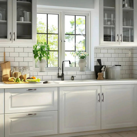 Modern kitchen with white cabinets featuring 15 Pack Curved Oil Rubbed Bronze Cabinet Pulls, 3 Inch Hole Spacing, 4.75 Inches Total Length