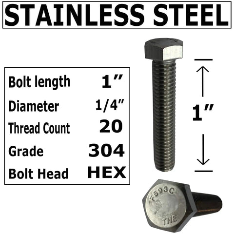 All Purpose 304 Stainless Steel Bolts Nuts And Washers Set One Quarter Inch Twenty Threads Per Inch By One Inch Hex Head Rust Resistant