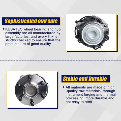 Front view of Front Wheel Bearing And Hub Assembly For 2WD And RWD Nissan Frontier 2005 To 2018, Pathfinder 2005 To 2012, Xterra 2005 To 2015, Suzuki Equator 2009 To 2012, 6 Lug Bolts, ABS Ready, 2 Pack showing features and materials.