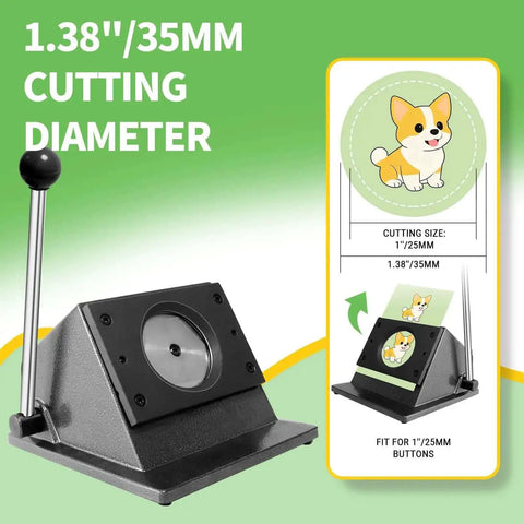 Circle Cutter For Button Making, 1.38 Inch Cutting Diameter 35mm Round Punch shown with dog badge example