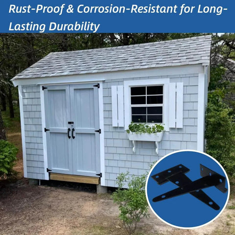 5 Inch T Hinges Heavy Duty 4 Pack Extra Thick 2mm Leaf Black Rust Resistant T Strap Gate Hinges on light blue shed door