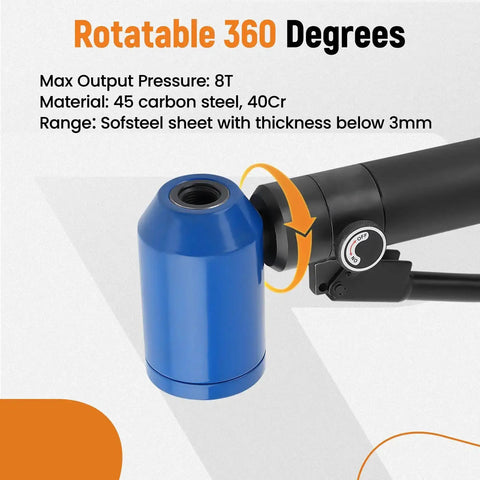 Close-up of Heavy Duty Hydraulic Knockout Punch Kit blue die with 360-degree swivel feature and specifications.