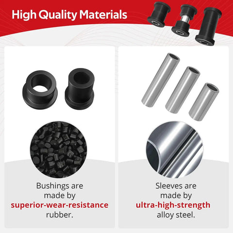 Front view of Amazon Fit Club Car DS bushing kit showing rubber bushings and four metal sleeves for suspension