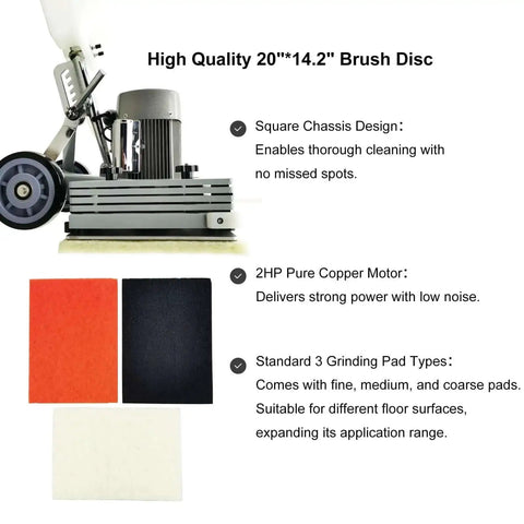Industrial Floor Scrubber Grinding Machine With 3.43 Gal Capacity, 2834 RPM Polisher With 1500W Pure Copper Motor, 20x14.2 In Brush Disk, side view of machine with square chassis and grinding pads.