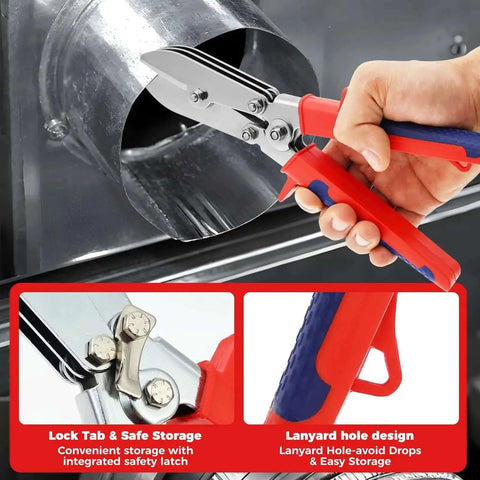 Person using the Five Blade Hand Crimper for Gutter and Sheet Metal with ergonomic handle on a galvanized steel ductwork.