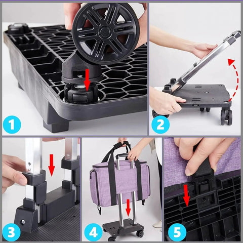 Assembly steps for Rolling Sewing Machine Bag With Five 360 Degree Rotating Wheels and Hard Bottom Pad, featuring purple fabric and YKK zipper.
