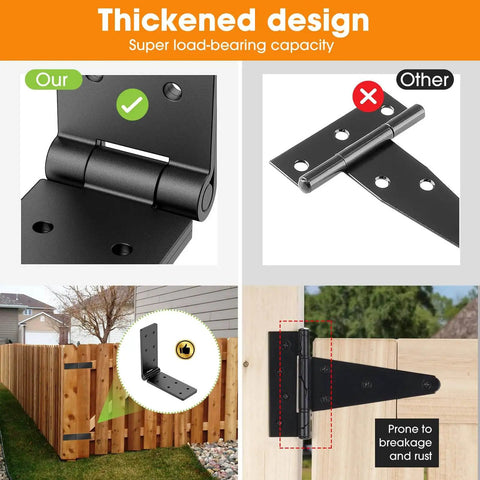 Heavy Duty Gate Hinges 270 Degree Adjustable For Wood Fence And Barn Door With Screws Two Pack Double Layer Folding Butt Hinges Kit Built From Heavy Duty Steel For Superior Weather Resistant Durability And No Sag Support comparison of thickened design and competitor. Installed on wood fence.