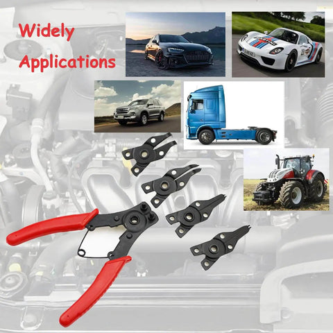 4 In 1 Snap Ring Pliers Set With 3 Interchangeable Jaw Heads Pro Grade And Heavy Duty Angled 45 Degree 90 Degree And 180 Degree For Auto And Engine Repair Red with vehicles in background