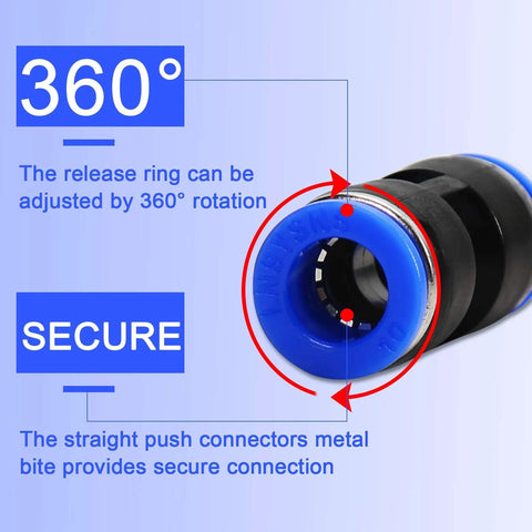 Push-to-connect pneumatic fitting with blue 360-degree rotating release ring and metal bite, close-up view.