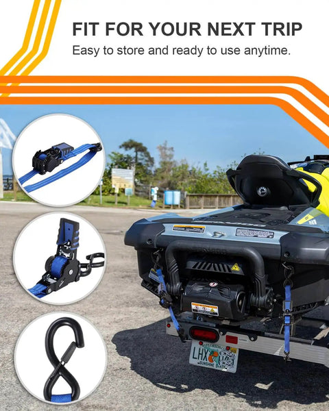Retractable Ratchet Straps For Boats And Jetskis Two Pack Dockside Ready shown securing jetski with S hooks