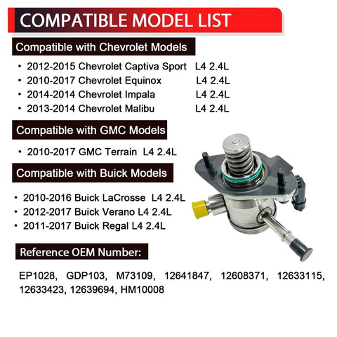 High Pressure Fuel Pump With Gasket And Bolts For Buick LaCrosse Regal Verano Chevrolet Captiva Sport Equinox Impala Malibu GMC Terrain 2010 To 2017 2.4L L4 Plug And Play Direct Replacement OE Standard Easy Install compatibility list