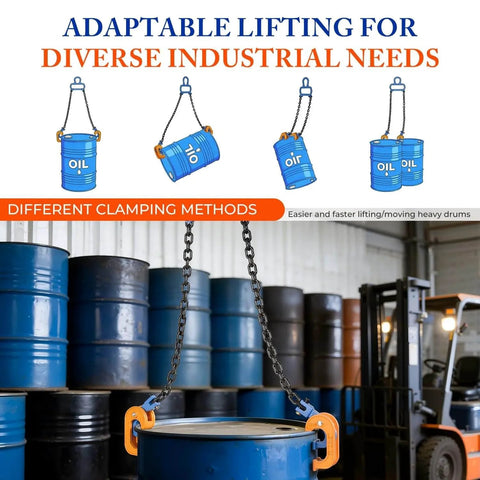 Upgraded Chain Drum Lifter For 30 And 55 Gallon Closed Drums With 1 Ton Capacity, carbon steel chain, in warehouse setting