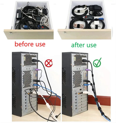 Before and after using 54 Yards Of One Half Inch Reusable Cable Ties For Easy No Fuss Cable Management on computer cables.