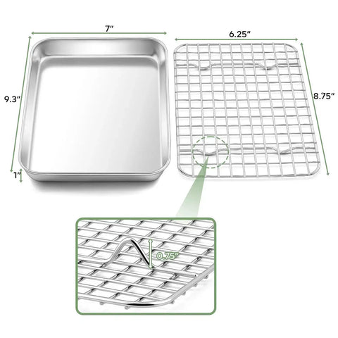 Toaster Oven Pan With Rack Set 9 Inch By 7 Inch By 1 Inch Stainless Steel Compact Baking Pan With Mini Cooling Grid Rack