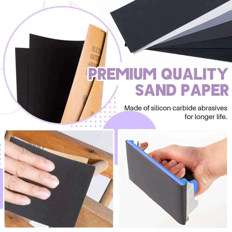 32 Piece Ultra Fine Sanding Sponge Pad Kit with 5 Grit Ranges from 240 to 5000, 6 sizes, showcasing sanding sheets and foam block.
