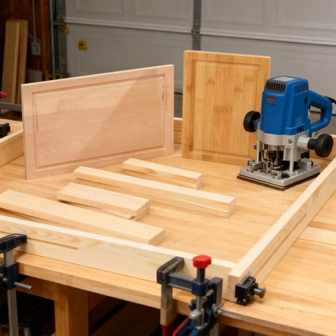 Adjustable Juice Groove Router Jig With 8 Spacers Wooden Router Guide on workbench with cutting boards and power tool