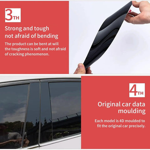 6 Pcs Glossy Black Pillar Trim Covers For 2016 To 2021 10th Gen Civic, close-up of flexible and installed trim on car