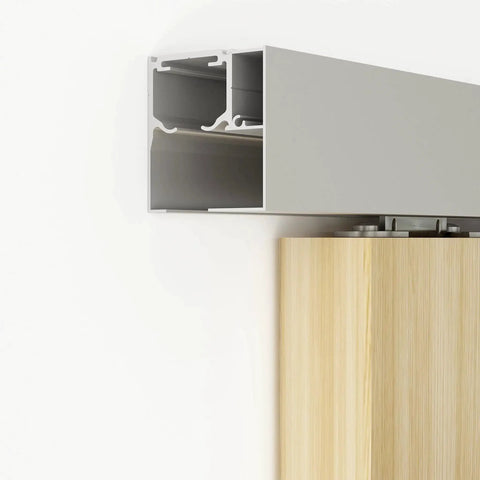 Close-up of Six Foot Sliding Barn Door Track Kit with Aluminium Box Rail Wall Mounted Hidden Hardware for Modern Doors