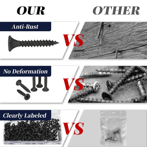 Comparison of Beefy Heavy Duty Drywall Screws Set Of 200 Size Six By One Inch Coarse Thread Phillips Flat Countersunk Head For Wood Studs And Sheetrock Made From 1022A Phosphated Carbon Steel Grade Eight Point Eight Hardness with standard screws showing anti-rust, no deformation, and clear labeling.