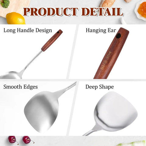 Stainless Steel Wok Spatula With Wooden Handle, 14.17 Inch Long Wok Tool features long handle, hanging ear, smooth edges, deep shape.