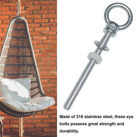 Six Pack M8 Eyebolts Stainless Steel Heavy Duty Lifting Rings For Swing Tire Chair And Suspension Fittings Outdoor Indoor Anchoring Kit Five Sixteenths Inch By Three And One Eighth Inch, showing single eyebolts with washer and nut and a hanging chair in brick wall background.