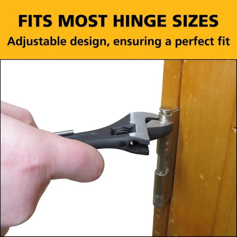 Knuckle Bender With Built-In Hinge Pin Remover being used on a door hinge, demonstrating adjustable design for sagging door fixes.