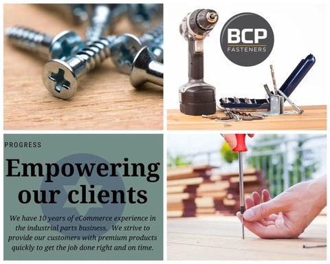 Collage featuring screws, a drill with fasteners, and a person using a screwdriver next to BCP Fasteners logo.