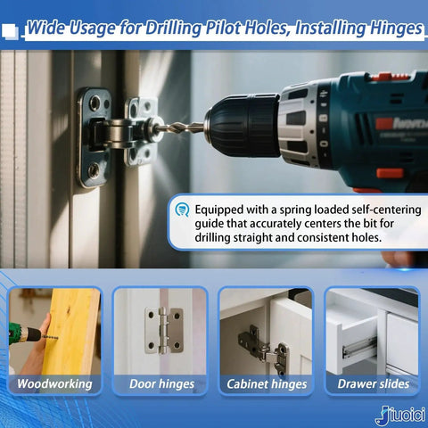 Upgraded Self Centering Hinge Drill Bit Set CC2430 Pro Grade Go-To Tool includes three pilot hole bits drilling cabinet hinge