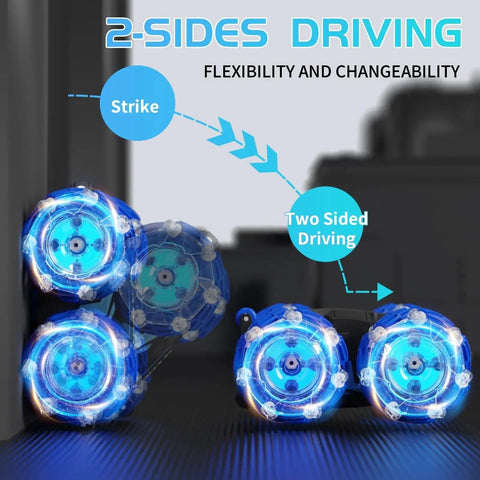Blue wheels of Gesture Sensing 4WD RC Stunt Car with 360 degree flips and two-sided driving, demonstrating flexibility and changeability.