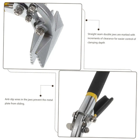 Manual Hand Seamer Tool For Metal Bending And Seaming, Flat Bar Bender with ergonomic double handle, close-up view of jaws