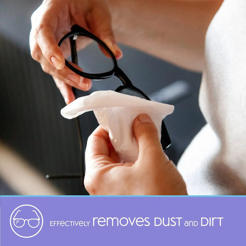 Hand using SmudgeGuard Lens Wipes 100 Count For Glasses Cameras Non Scratching to clean eyeglasses.