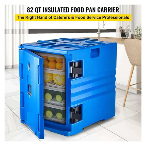 Front view of blue Insulated Food Pan And Front Load Catering Box With Wheels 90L Capacity, showing open door and shelves with food.
