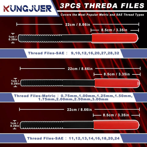 Image of a 3-piece Thread Restorer File Set For Metric And SAE Chaser Files In High Carbon Steel showing file sizes and dimensions.