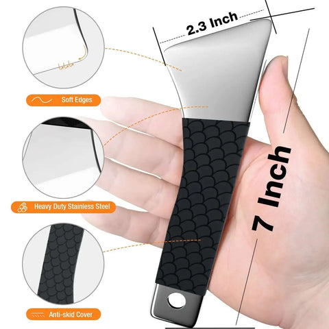 Upgraded Stainless Steel 3D Printer Removal Spatula with Comfortable Grip, showing 7 inch length and 2.3 inch mirror-polished blade.