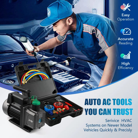 PB Motor TECH 4.5CFM 1/3HP Vacuum Pump and 3-Way AC Manifold Gauge Kit with puncture tap