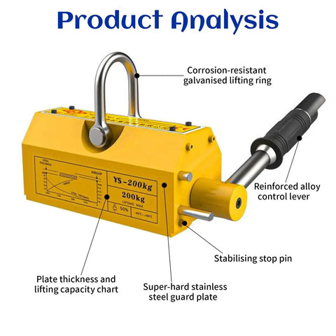 440 lb/200 kg magnetic lifter with release lever, yellow steel housing for lifting steel plates.