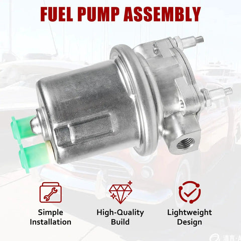 12V Inline Electric Fuel Pump For Carburetors Universal Replacement With Regulated 4-7 PSI Output One Quarter Inch Inlet And Outlet BSPT Rotary Vane Pump Workhorse Automotive Fuel Pump Kit For Car And Truck Projects shown against a blurred car background with installation icons.