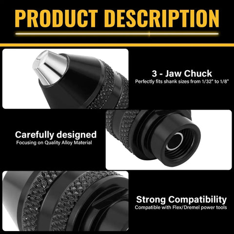 Close-up of 3-jaw chuck and components from 15-Piece Drill Chuck Collet Set For Dremel Rotary Tools 0.02in To 0.13in kit
