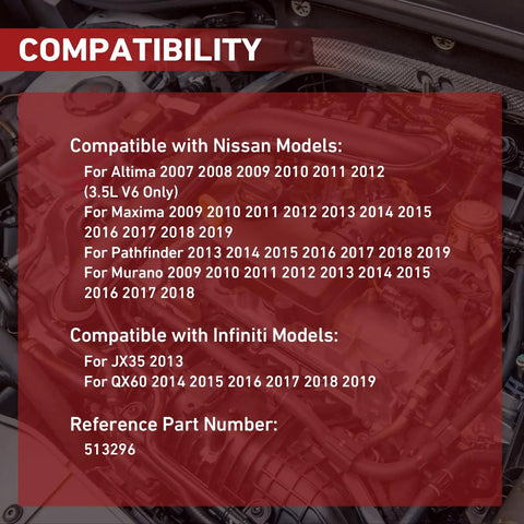 Compatibility chart for Two Piece Front Wheel Bearing Hub Assembly Direct Fit For JX35 2013 Maxima 2009 2019 Murano 2009 2018 Altima 2007 2018 Pathfinder 2013 2019 QX60 2014 2019 Part 513296
