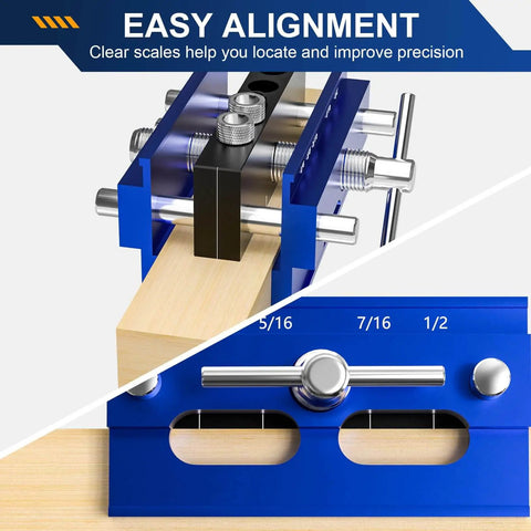 Self Centering Dowel Jig Kit With Drill Guide And 6 Drill Bushings, adjustable blue doweling tool clamped on wood