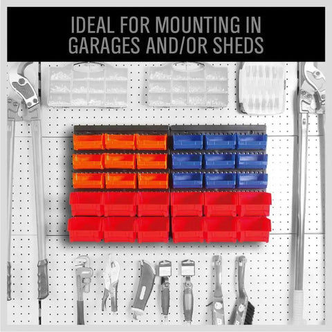 30 Bin Wall Mounted Storage Rack System for Heavy Duty Garage Organization with Pegboard Panels for holding screws, nuts