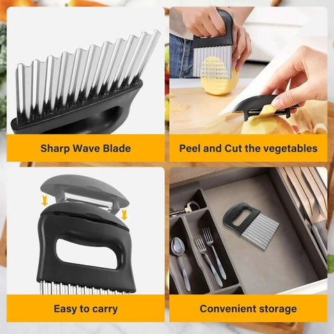Crinkle Cutter Knife Set Two Pack Stainless Steel Vegetable Peeler And Wavy Chopper Slicer in use
