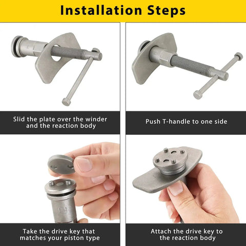 Disc brake caliper piston wind-back tool with T-handle and mounting plate, metal gray, for brake pad replacement