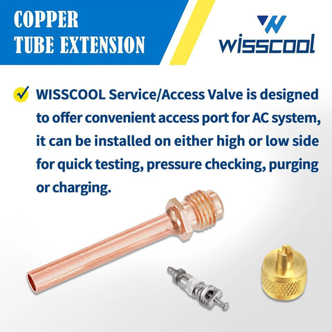 WISSCOOL HVAC Schrader access valve kit: copper 1/4 inch tube extension, valve core, brass cap