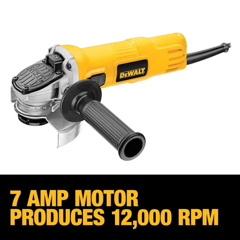 Heavy Duty 4-1/2 Inch Angle Grinder With One-Touch Guard 7 Amp AC DC Motor 12,000 RPM For Fast Material Removal Includes Hex Wrench Built For Pros Heavy Duty Jobs DEWALT, front view
