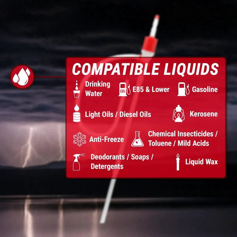 Product label showing compatible liquids for Portable Manual Fuel Drum Pump For Fifty Five Gallon Drums With Adjustable Length BPA Free Heavy Duty And Easy To Use Delivers Up To Five And A Half Gallons Per Minute Includes Flexible Forty Seven Point Two Inch Discharge Hose And Siphon Cap.