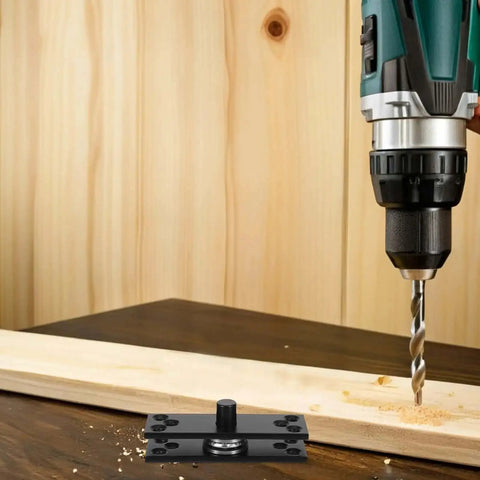 Drilling guide for installing Stainless Steel 360 Degree Pivot Hidden Cabinet Hinges on wooden furniture for secret doors and bookcases.