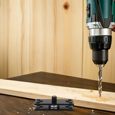 Hidden Door Hinge for Wood Doors and Secret Bookcases, Heavy Duty Stainless Steel with 360 Degree Rotation, shown with a drill.